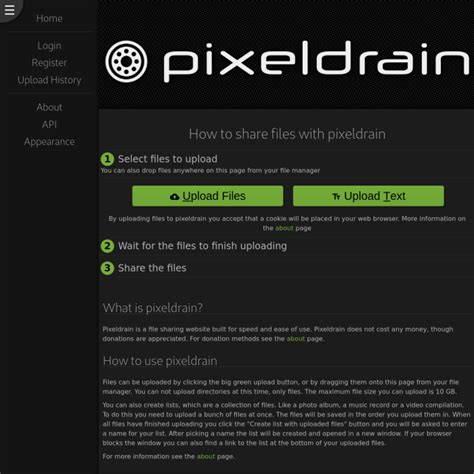 Pixeldrain. What is pixeldrain. Pixeldrain is a free file sharing service by me, u/Fornax96 . You can upload anything you want and you will get a shareable link right away. Pixeldrain also … 
