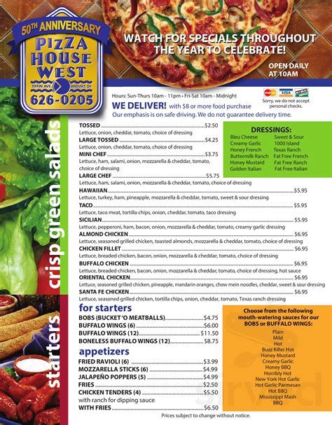 Pizza house west. Pizza House West is a restaurant that offers a variety of pizza, pasta, salads, subs, and desserts. You can choose from different sauces, toppings, and crusts for your pizza. You can also order online or find the address and phone number of the restaurant. 