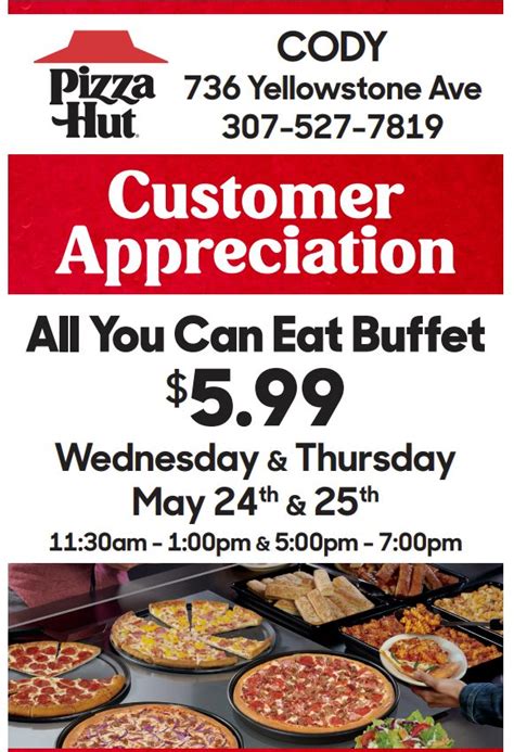 Pizza hut customer appreciation day 2023. Pizza Hut, 8611 Hwy 107, Ste 110, Sherwood, AR 72120, 2 Photos, Mon - 10:30 am - 11:00 pm, Tue ... 2023. The cashier was super nice, ... Kirstin M. said "We happened to visit on Customer Appreciation Day and everything was 1/2 off so it was packed! 