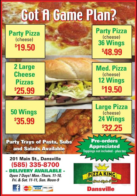 Pizza king of dansville ny menu. 7. Pizza King of Dansville NY. Not much tang, and no chunky tomatoes. Try the Brooklyn pizza . It’s huge, thin... Go for the pizza, stay for the frivolity! 8. Caffe Tazza. It’s a great, comfortable spot on Main Street in Dansville with a nice menu... 