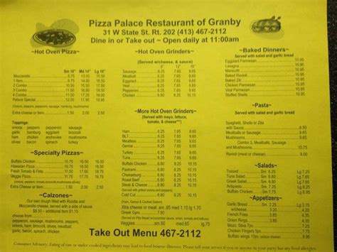 Pizza palace granby ma. Pizza Palace Restaurant, 20 East Main Street, Vernon, CT 06066, USA. Phone 860-872-2202. ORDER NOW: $0.00. Logo Pizza Palace Restaurant Order Now. Toggle navigation. 