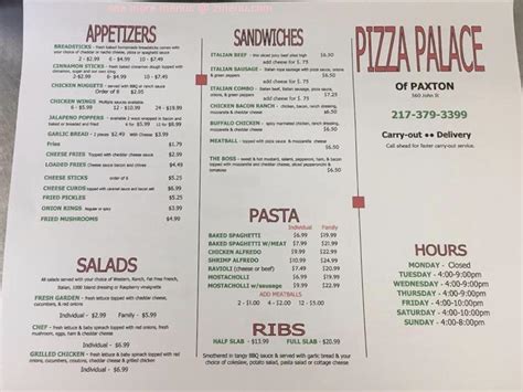 Pizza palace paxton menu. Latest reviews, photos and 👍🏾ratings for Pizza Palace at 17 White Birch Plaza, Burnett Rd in Chicopee - view the menu, ⏰hours, ☎️phone number, ☝address and map. Find ... Add a Menu Photos. Add a Photo. View All Photos. Hours. Monday: Closed: Tuesday: 10:30AM - 8:45PM: Wednesday: 10:30AM - 8:45PM: Thursday: 10:30AM - 8:45PM ... 