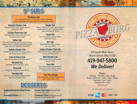 Pizzaburg mount gilead menu. Consulta el menú de Pizzaburg Pizza - Mount Gilead. Compártelo con tus amigos o encuentra tu próxima comida. Local pizza shop featuring specialty pizza, subs, salads, Stromboli, and more... 