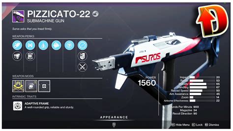 Oct 8, 2023 · How to obtain: Occasionally sold by Xur and Banshee-44. SUROS creates some of Destiny 2's most consistent weapons, and the Pizzicato-22 is no exception. This Adaptive Frame SMG has a great stat package, benefits from the SUROS Synergy origin trait, and it has some phenomenal perks that are quite rare to find on an SMG. . 