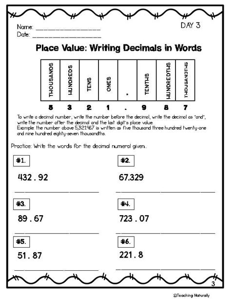 Place Value Writing Decimals as Numerals and Words Worksheets Library
