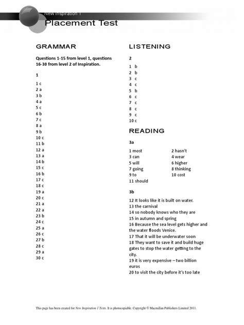 Placement Test Answer Key PDF Leisure