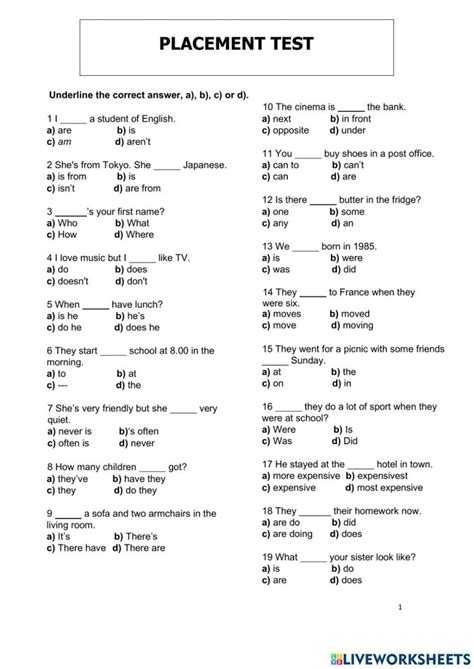 Placement Test Worksheets And Online Exercises