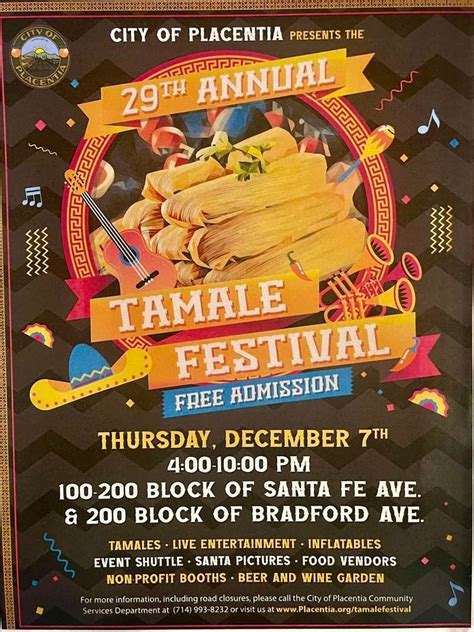 Placentia tamale festival 2023. Event Details: 4:00pm | December 7, 2023 @ Old Town Placentia | Add Event To My Calendar Enjoy OC’s Original Tamale Festival in Old Town Placentia. Tamale and Food vendors, Santa Claus, Mariachi Divas and other entertainment, Craft Beer and more! 