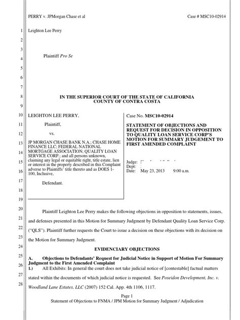 Plaintiff Statement of Objections / Request For Order To QLS MSJ