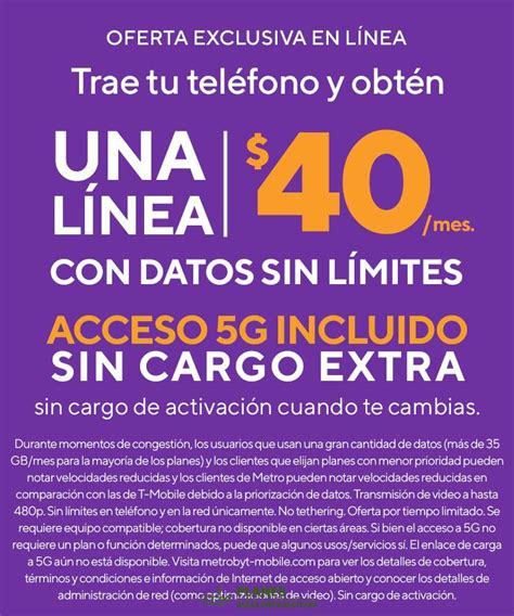 Plan : Metro by T-Mobile (MetroPCS) $25 One Line Unlimited Plan (with port-in) - $25.00 Minutes : Unlimited National Minutes - - ... reduced speeds after 30GB/line to 1 Mbps down/512 Kbps up and de-prioritization of data $ 29.99/mo + $10 Upfront. Excludes Phone Costs. Call Spectrum Mobile on 833-972-3256.. Planes de metropcs