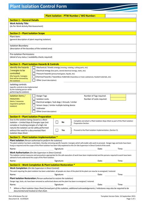 Plant Isolation Control Form