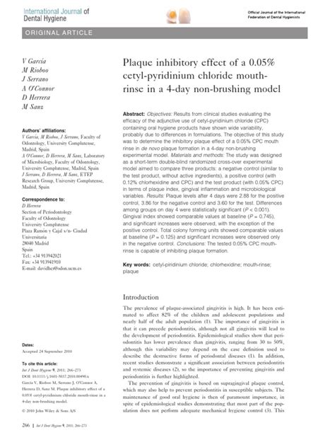 Plaque inhibitory effect of a 0.05% cetyl-pyridinium chloride mouth ...