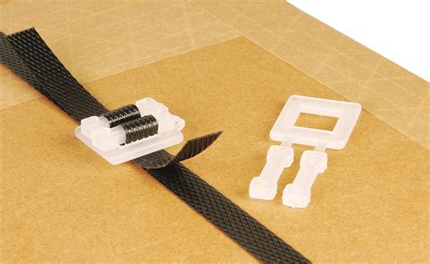 Plastic buckle clips with strap.  Shop Strapping Buckles & Clips at Opal Opal Packaging offe...