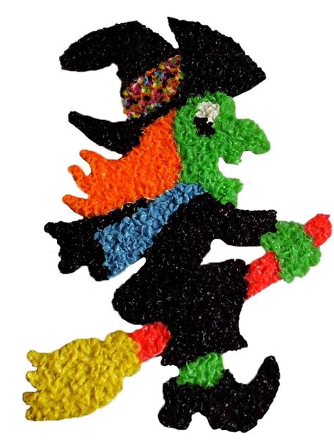 Vintage from the 1970s. Materials: plastic. Offering a vintage melted plastic "popcorn" witch on a broom wall, window or door hanging. It measures approx. 20 inches in height x 15" inches in width. It is exceptionally bright, clean and unfaded. Cool addition to your Halloween displays.