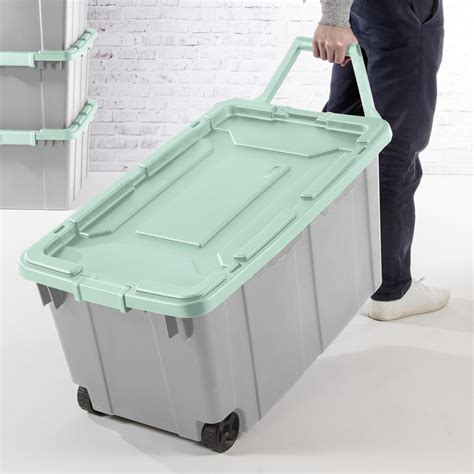 Plastic totes with wheels. HDX 102L Stackable Strong Storage Tote Bin, Plastic Organizer Box, Black Base & Yellow Snap-on Lid. Model # 292015-001 SKU # 1000706729. (15284) $12. 97 / each. 