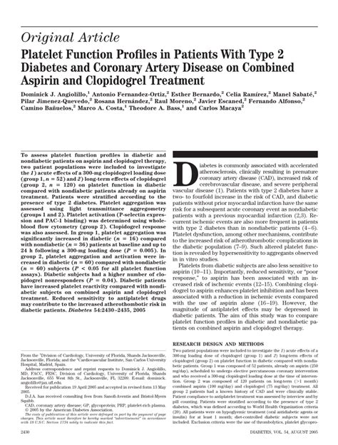 Platelet Function Profiles in Patients With Type 2 Diabetes and ...