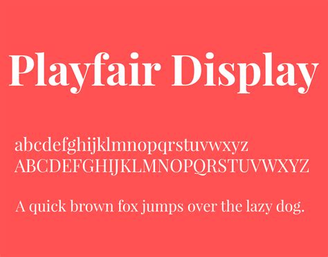 Font Information. Playfair is a transitional design. From the time of enlightenment in the late 18th century, the broad nib quills were replaced by pointed steel pens. This influenced typographical letterforms to become increasingly detached from the written ones. Developments in printing technology, ink, and paper making, made it possible to .... 