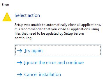 Please close following processes before continuing the setup. SettingHost (14596) ...