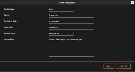 Plex transcode in ram.  Edit the Plex Container and enable the "Advanced View"...