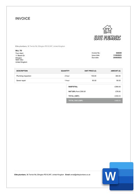 Plumbing Invoice Template Word invoice example