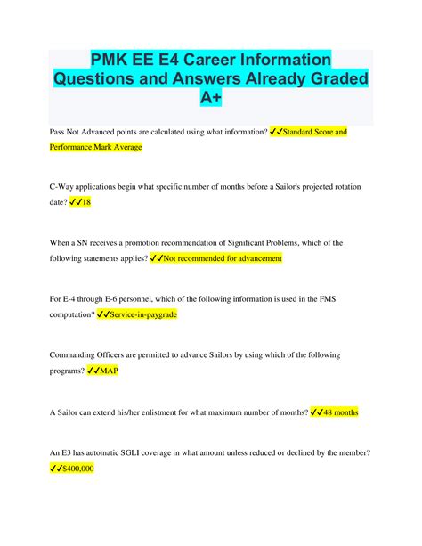 Exam (elaborations) - Pmk-ee e4&colon; warfighting and readiness questions and answers 2022 13. Exam (elaborations) - Pmk-ee e5&colon; all sections correctly answered 2023. 