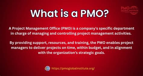 Put simply, a PMO is a group within a business or organization whose main job is to set standards for work and processes amongst internal project managers. The PMO establishes best practices, key metrics, documentation, and necessary training for the project managers within a company. Think of the PMO as a kind of headquarters, or home base .... 