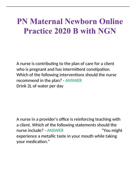 4 Pn Maternal Newborn Online Practice 2020 B With Ngn 2022-11-21 Classiﬁcation (NIC) have been identiﬁed in each Nursing Care Plan. All nursing diagnoses have been updated against the latest NANDA deﬁnitions and classiﬁcations. An important new chapter on Rehabilitation, Home Health, Long-Term Care and Hospice has been added that ...