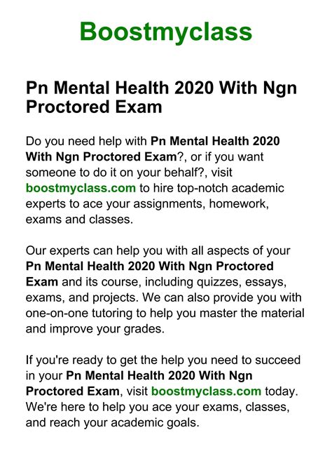 Pn mental health 2020 with ngn proctored exam. Nursing Process. assessment, diagnosis, outcome identification, planning, implementation, evaluation. orientation phase. this phase can last for a few meetings or longer. -nurse's role is established. -mutually agreed-upon goals are established. working phase. this allows for a strong working relationship. 