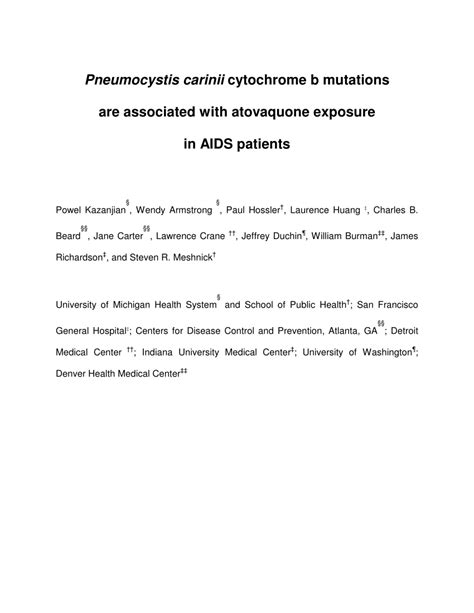 Pneumocystis Cytochrome B Mutants Associated With Atovaquone ... - PubMed