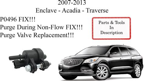  These are the repairs that generally fix the issues causing a P0496 trouble code: Scan and reset the vehicle trouble codes to ensure it’s not just a one time issue. Verify the fuel cap is tightened down and seals properly. Check the purge solenoid valve, which may need replacement depending on the age of the part and the vehicle. . 