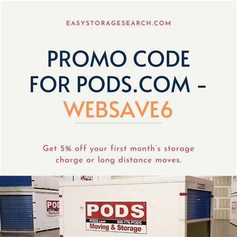 PODS Coupon Codes & Discounts October 2023 Visit PODS. Active PODS Australia Promo, Discount and Coupon Codes for October 2023. All (2) Deals (1) Containers Pricing Under $260 at PODS Get Containers Pricing under $260 per month at PODS. Get Offer. Terms. Terms and conditions .... 
