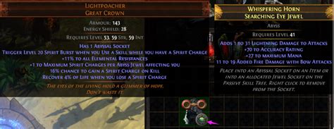 Path of Exile is a free online-only action RPG under development by Grinding Gear Games in New Zealand. Log In Create Account Contact Support. Path of Exile. ... [ Has 1 Abyssal Socket ] ? hi i can hit this mod [ Has 1 Abyssal Socket ] with spam fossils? or other methods, its possible? Last bumped on Apr 4, 2022, 3:50:45 PM. Posted by. 