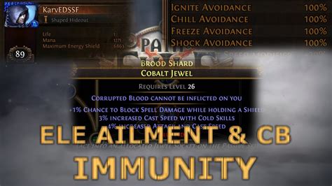 Poe ailment immunity. Well, if you go with the Jun chest armor craft for stuns, the final cost to be immune to both all elemental ailments and stun is 8 passive points (they also give 8% life, 1% life regen, 4% movespeed, 10% ele resists, 5% chance to avoid ele damage when hit and 5% reduced ele damage taken), three affix slots on gloves, helm and body armour and 1 ... 