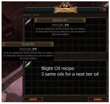 Golden OilStack Size: 10Oil Tier: 13Can be combined with other Oils at Cassia to Enchant Rings or Amulets, or to modify Blighted Maps.Shift click to unstack.AcquisitionArea level: 80DROP RESTRICTEDVendor Offer1x Scroll FragmentMetadataItem class: Stackable CurrencyMetadata ID: Metadata/Items.... 
