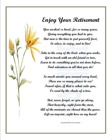 'The Retirement Quotes Cafe Retirement Poems May 4th, 2018 - The Retirement Poems Café A Comprehensive Collection of Funny and Inspirational Retirement Poems and Retirement Party Verse for the Retired or Soon to Be Retired Man Woman Teacher School Principal Nurse Pastor Military Person Etc' 'The Joy of Being Retired Ideas for Retirement Parties. 