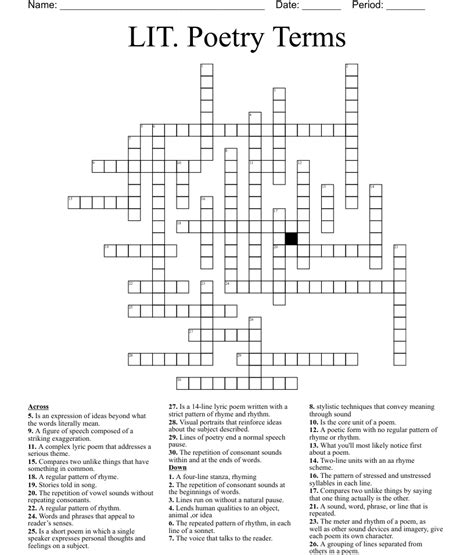 poem (6) Crossword Clue. The Crossword Solver found 30 answers to "poem (6)", 6 letters crossword clue. The Crossword Solver finds answers to classic crosswords and cryptic crossword puzzles. Enter the length or pattern for better results. Click the answer to find similar crossword clues . Enter a Crossword Clue.. 