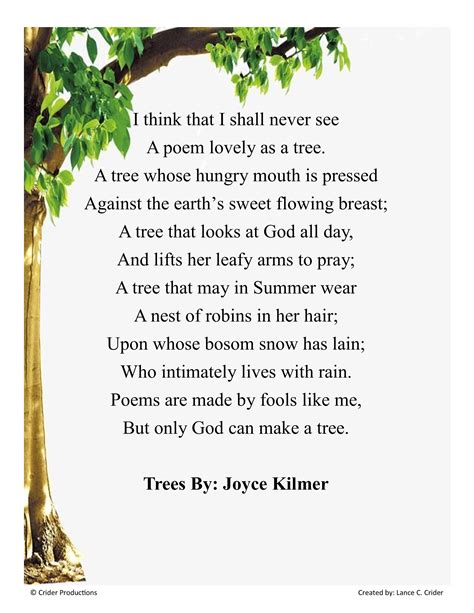 Poems about trees. Loveliest of trees, the cherry now. Is hung with bloom along the bough, And stands about the woodland ride. Wearing white for Eastertide. Now, of my threescore years and ten, Twenty will not come again, And take from seventy springs a score, It only leaves me fifty more. And since to look at things in bloom. 