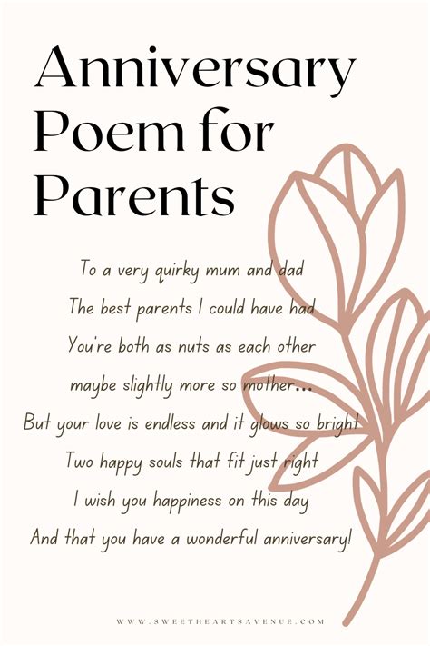 Anniversary Poems for Parents. An anniversary is a wonderful time to celebrate the love and commitment that your parents have shared over the years. Poems can beautifully capture the gratitude and admiration you feel for their example of lasting partnership. 1. “Foundation of Our Family” Your love has been the cornerstone,