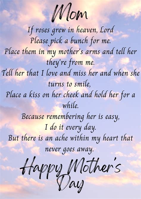 4. "You Always Fulfilled My Wishes" by Unknown Author. In this poem of regret, the speaker thinks back to all the times the mother helped her child. The loss of the mother is described as a "frightening void.". 5. "Farewell to the Lady" by Unknown Author. Our moms do so much for us.