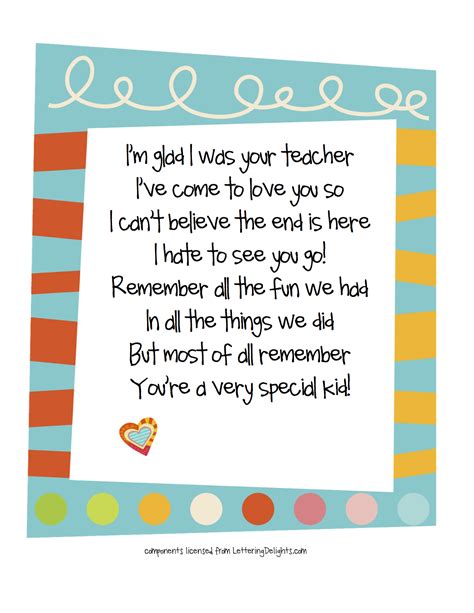 Poems for teachers from students end of year. $1.50. 4.9 (129) PDF. End of the Year Poem from the Teacher to each Student. Created by. Amy Bratsos Creations. REVISED GRAPHICS & FORMATS- SAME WONDERFUL … 