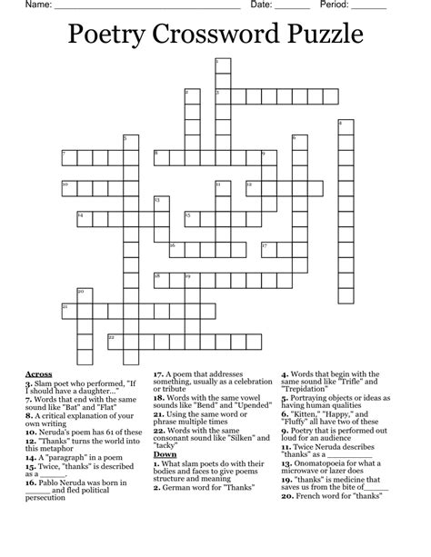 The Crossword Solver found 30 answers to "Poet Teasdale (4)", 4 letters crossword clue. The Crossword Solver finds answers to classic crosswords and cryptic crossword puzzles. Enter the length or pattern for better results. Click the answer to find similar crossword clues . Enter a Crossword Clue.