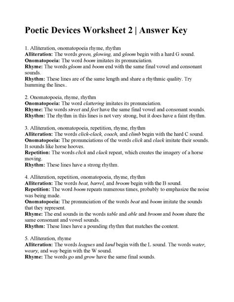 Poetic Devices Worksheet 2 Answers