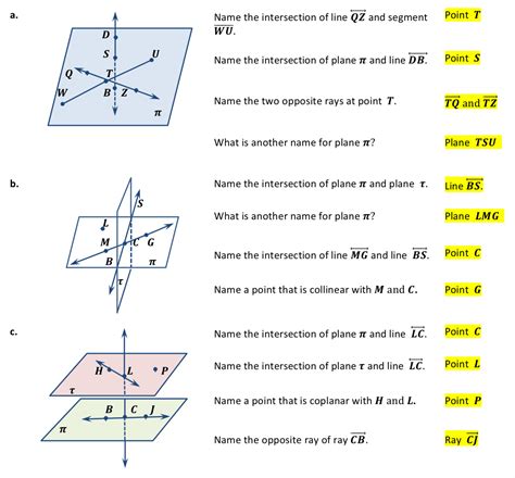 Points lines and planes answer key. Points, Lines, and Planes. 17. Draw a figure to fit each description. a. Through any two points there is exactly one line. b. Two distinct lines can ... 