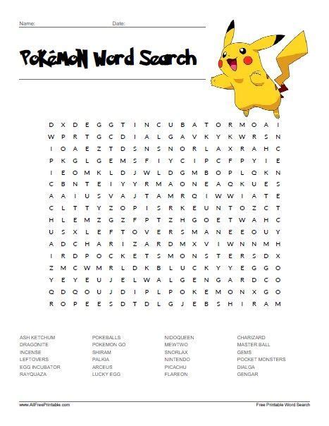 Pokemon Wordsearch with KEY Fun Math Activity