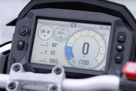 4. Press and release the SET button to cycle through additional screens. If the snowmobile is equipped with an electronic fuel gauge, Trip F automatically displays when the fuel level is low. The fuel symbol and the last fuel bar on the MFD gauge will blink when the fuel level reaches 1/8 of a tank.. 