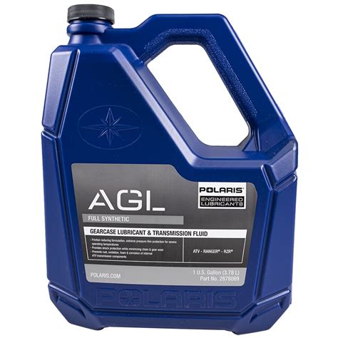 The fluid capacity is 41 ounces (1,200 ml). AGL Synthetic Gearcase Lubricant and Transmission Fluid is part number 2878068 for 1 quart (946 ml) and part number 2878069 for 1 gallon (3.78 L). 12. Reinstall the transmission fill plug. Torque to 10 to 14 ft-lbs (14-19 Nm). 13. Clean any residual oil off the vehicle and inspect for leaks. 14.