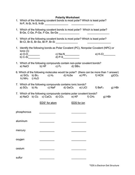 Polarity Of Molecules Worksheet Answers Agaliprogram