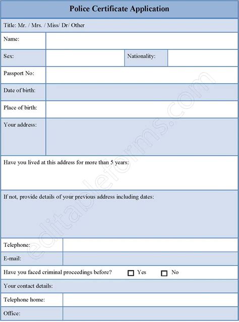 Police Certificate Application Form Free Download