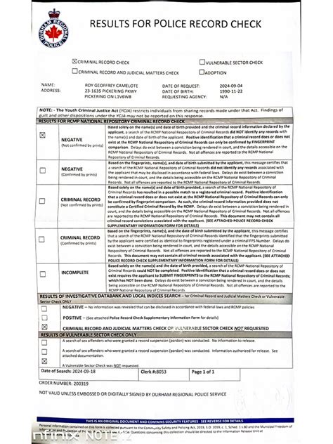 Police record check.  Requests from third parties are not authorized and...