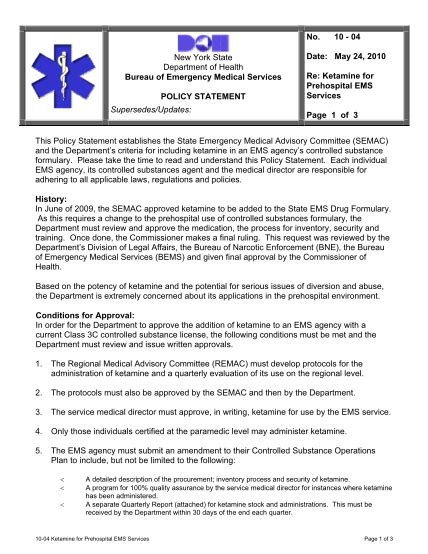 Policy Statement 17-03: Ketamine for Prehospital EMS Services